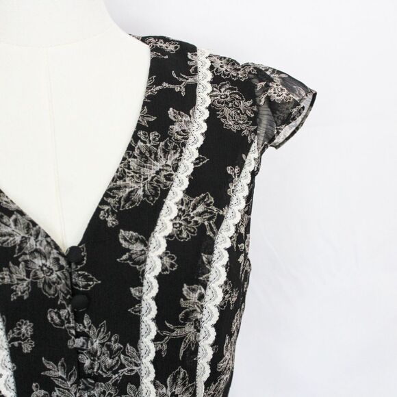 90s Ann Talyor Loft Floral V-Neck Short Sleeve Blouse - 0, black & white - Picture 2 of 7